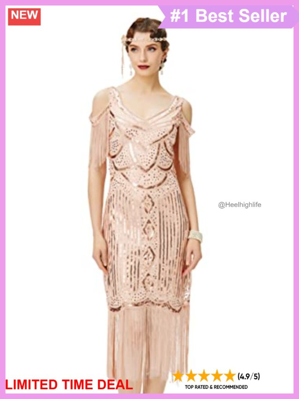 1920s Flapper Dress Beaded Sequin Fringe V-Neck Vintage Gatsby Party